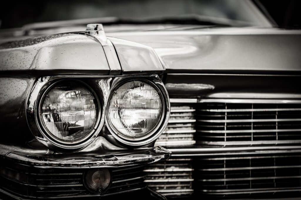 Close up detail of restored classic American car.